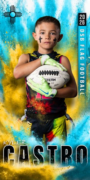 Young flag football player Kyler Castro poses in uniform holding a football for DSB Flag Football 2026 season photo.