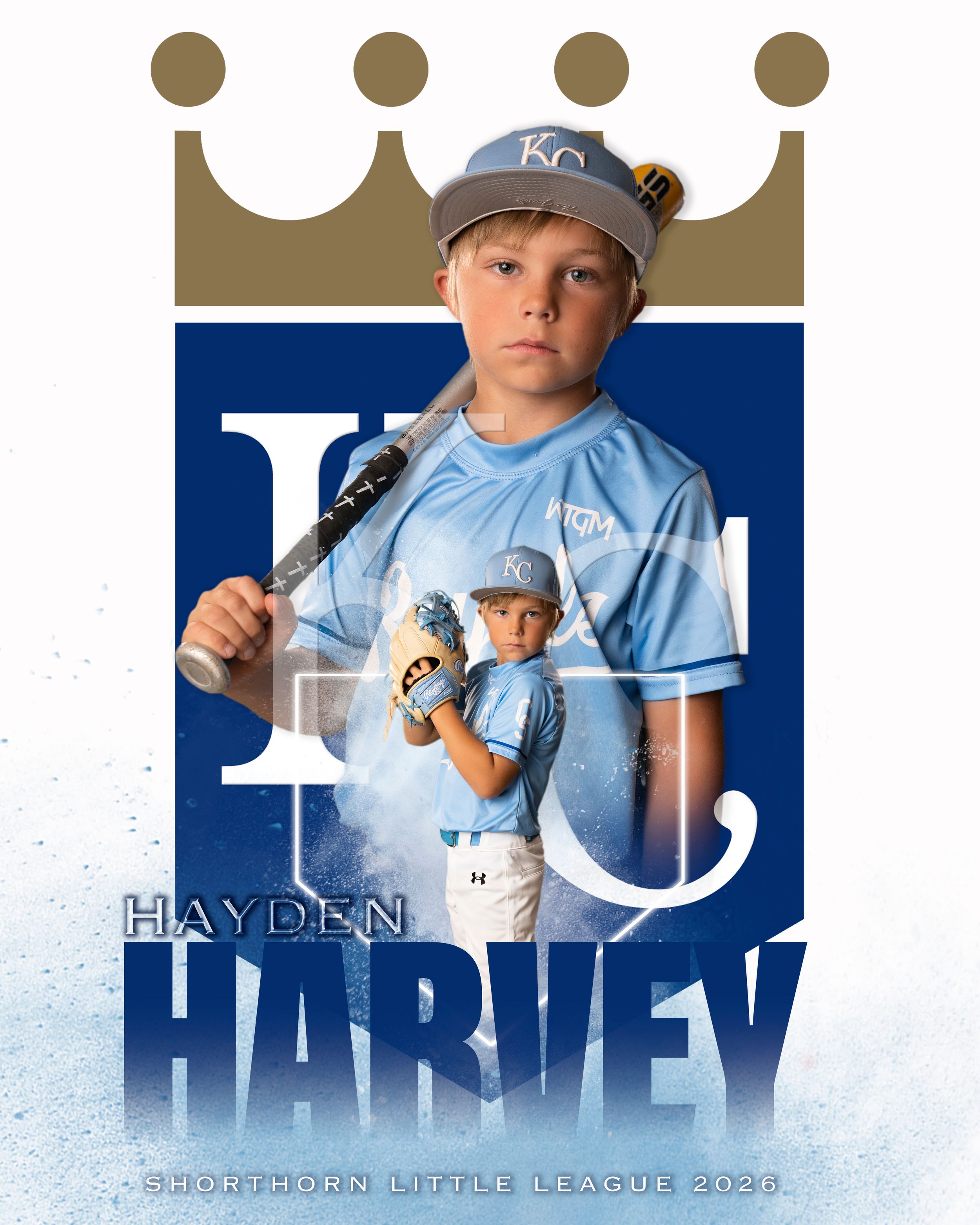 Young baseball player Hayden Harvey poses in KC Royals uniform for Shorthorn Little League 2024 team photo.