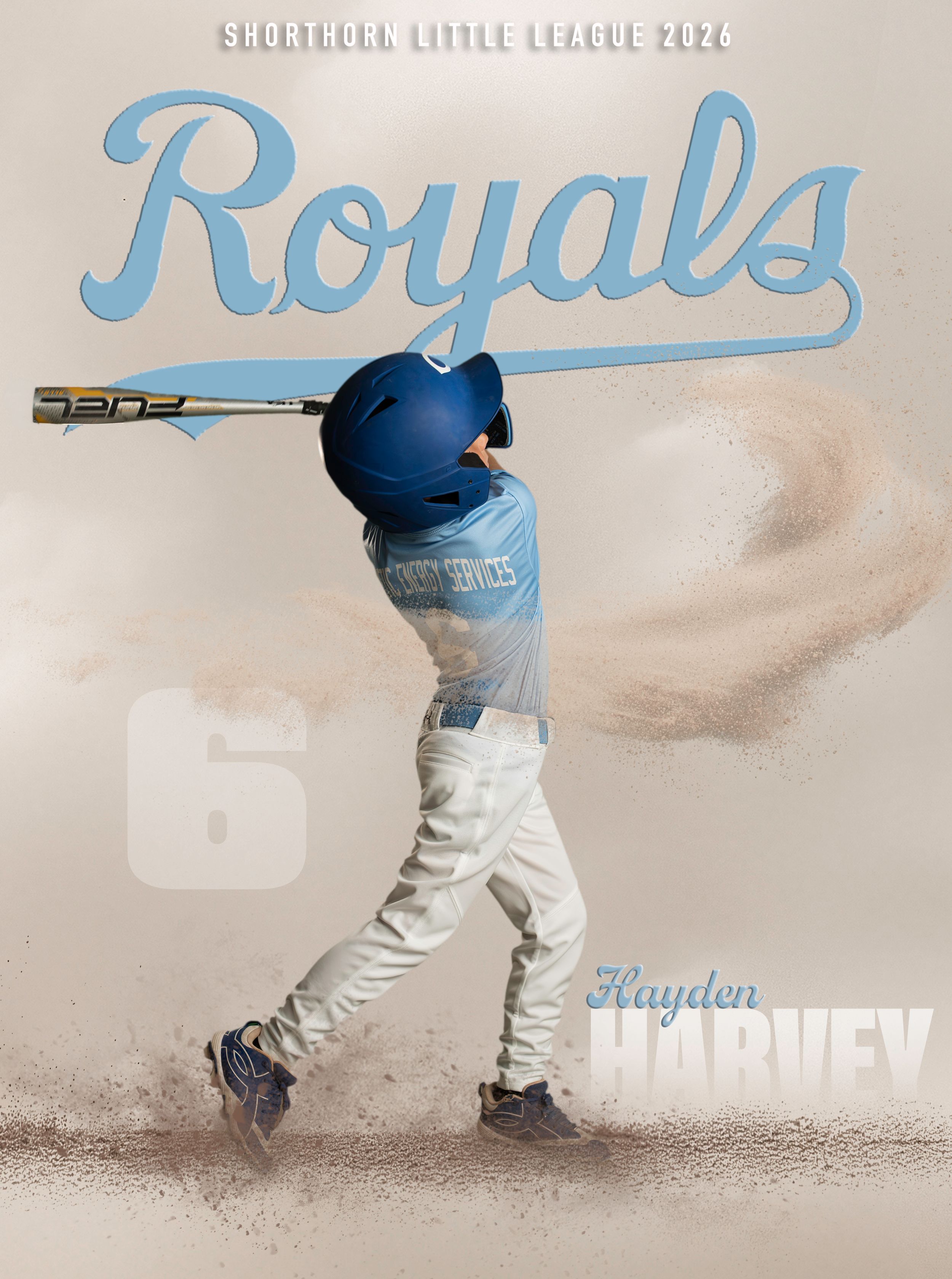 Youth baseball player Hayden Harvey, number 6, swinging a bat for the Royals in Shorthorn Little League 2024.