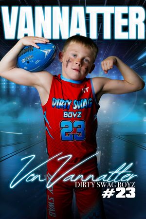 Young football player Von Vannatter wearing jersey #23 for Dirty Swag Boyz team, flexing and holding a football.