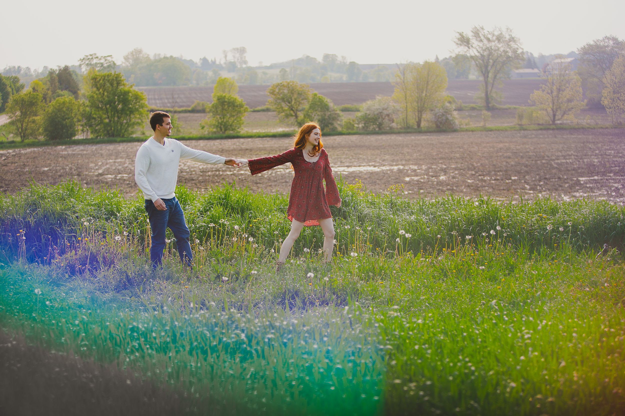 Couple walking with their dog through a sunlit meadow filled with wildflowers during golden hour.
