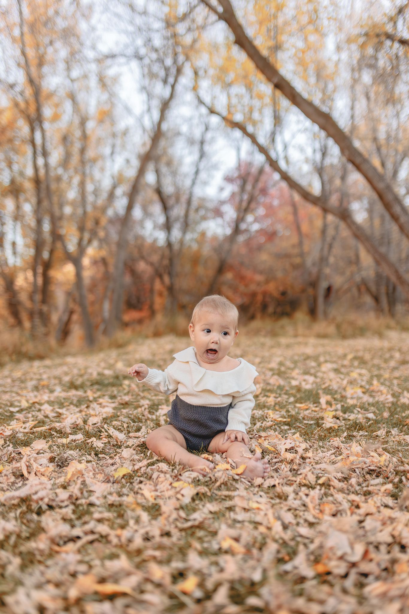A baby sits in the autumn leaves during a fall portrait session in soft natural light.