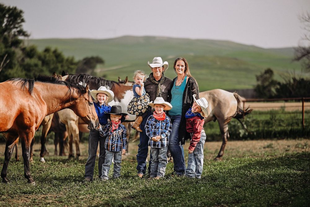 A panoramic collage of people and horses gathered outdoors on rolling green hills during a sunny day.