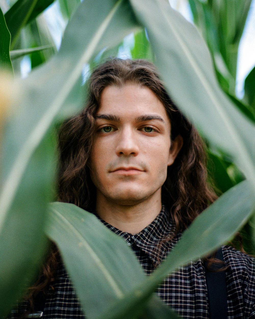 A figure framed by green leaves peers through foliage in an artistic portrait composition with natural lighting.