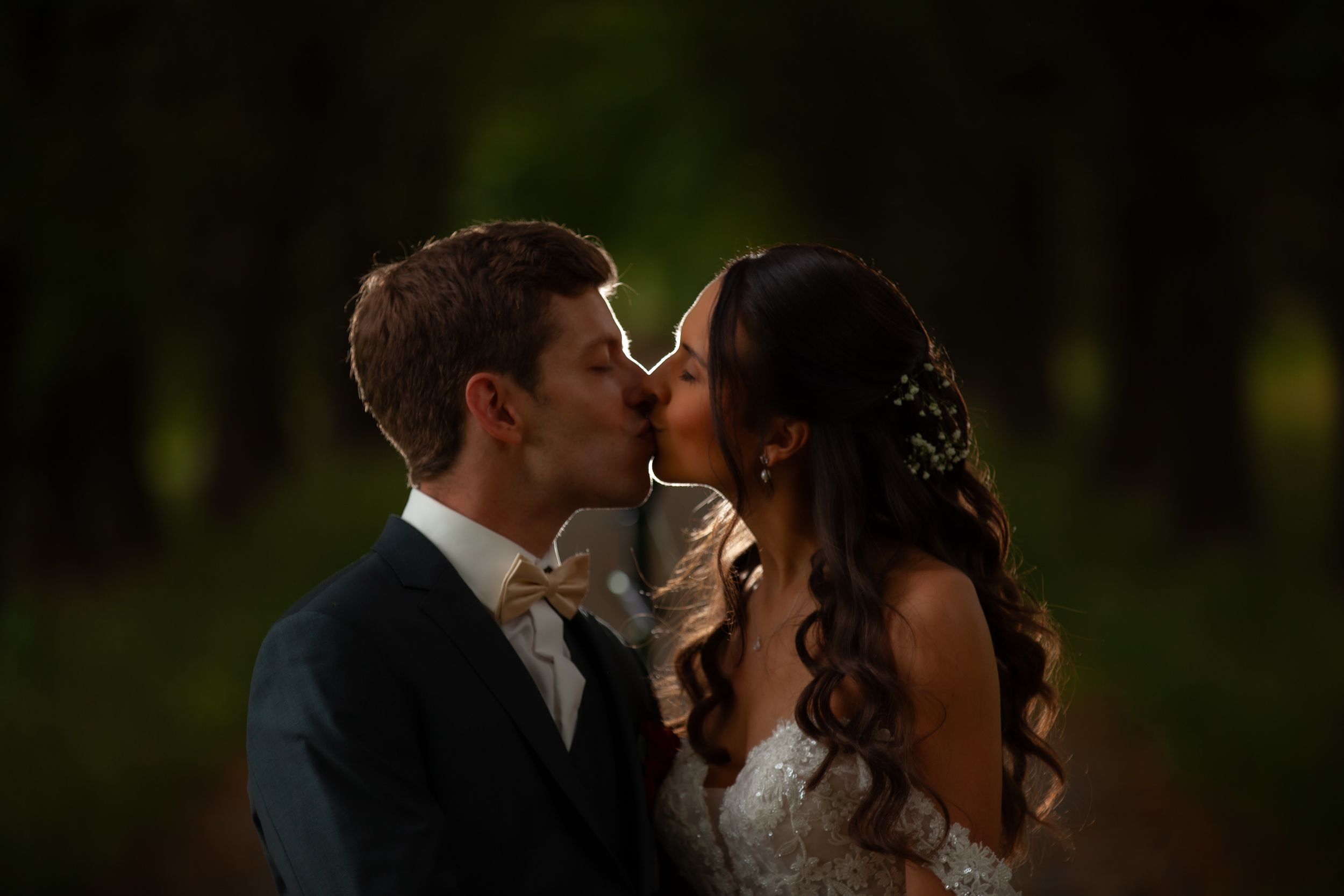 A romantic silhouette of a couple embracing during sunset with a dark forest behind them.