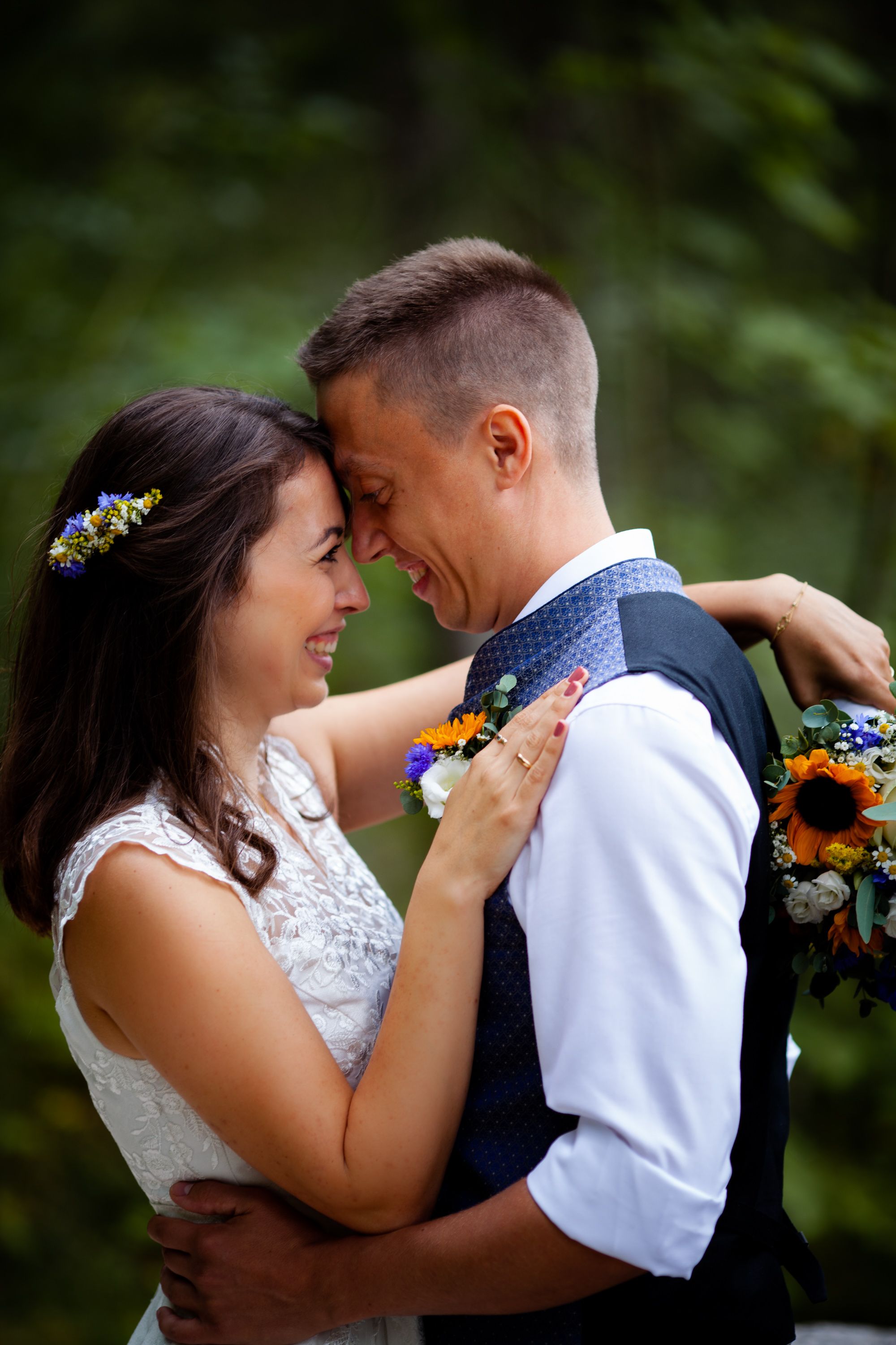 A romantic collection of wedding photos showing a couple laughing and embracing outdoors with sunflowers and natural lighting.
