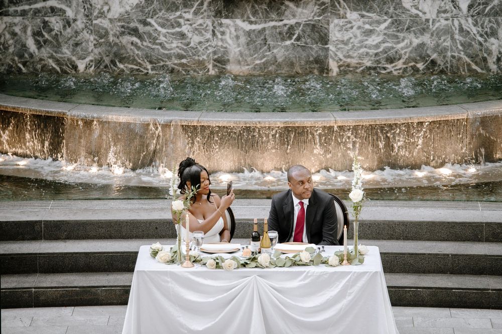 A series of outdoor wedding ceremony photos showing an elegant stone amphitheater with decorative white draping and floral arrangements.