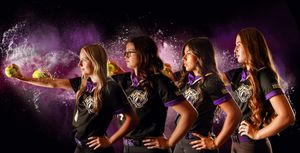 Athletes in black uniforms in action sequence showcasing bright powder explosion effect against dark background.