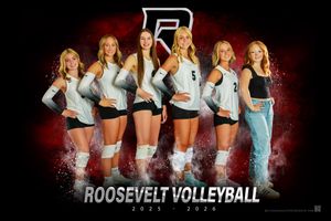 Several athletes in volleyball uniforms pose in dynamic split-screen style against a dark background with Roosevelt text overlay.