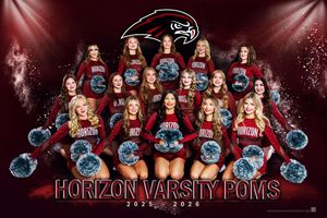 Dance team members pose with blue pom poms against a dark red backdrop during a formal photoshoot.