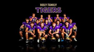 Six high school sports teams pose in their uniforms on bleachers with different colored lighting behind each group.
