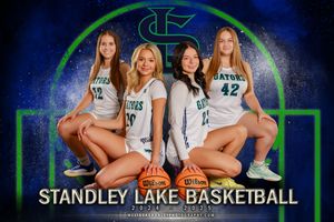 Basketball team members wearing white jerseys pose for a photo with Standley Lake Basketball text overlay.