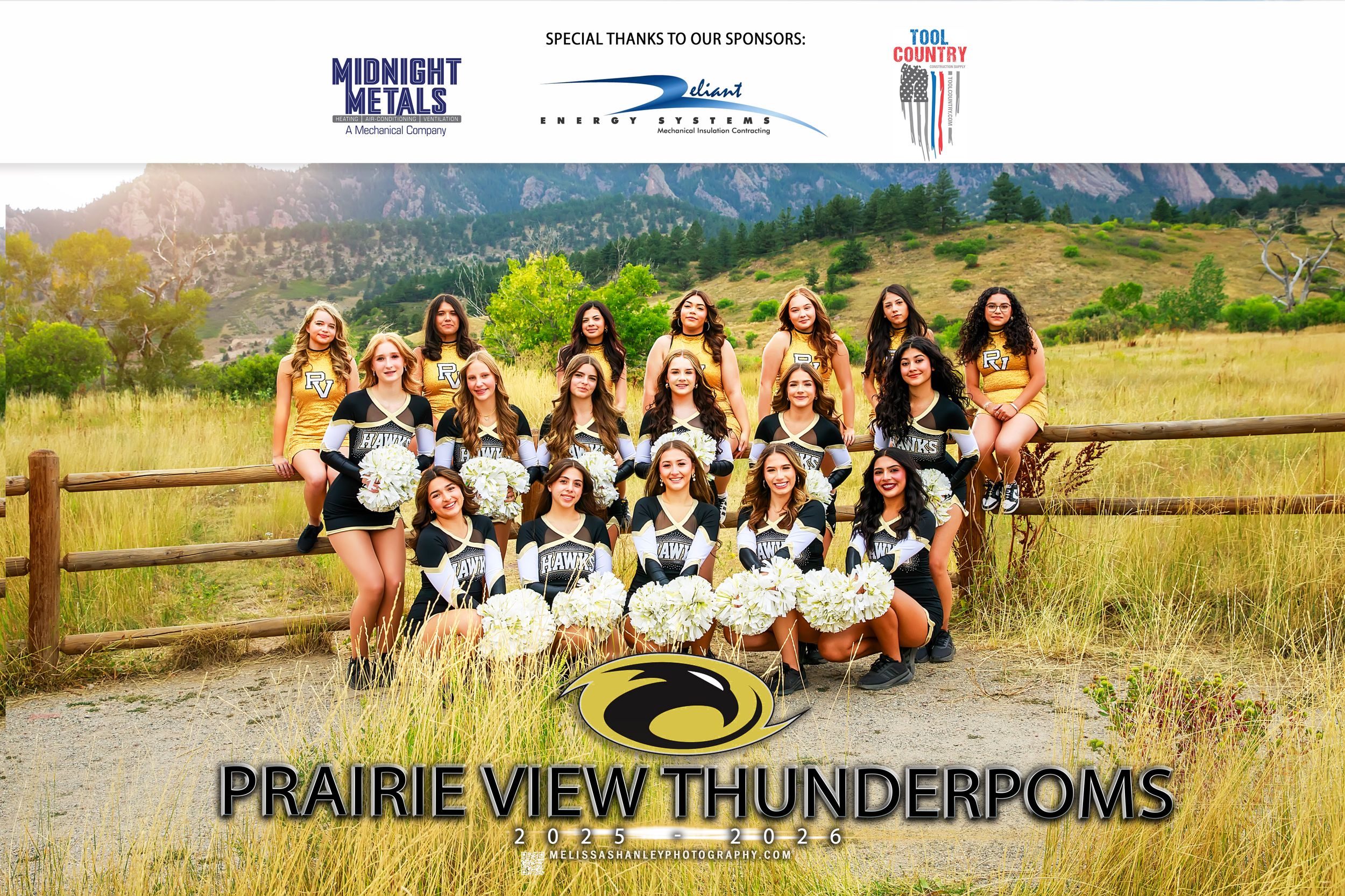 Group of cheerleaders in black and yellow uniforms pose outdoors in a grassy field on a sunny day.