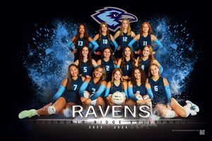 A volleyball team poses for a group photo with blue explosive effect backdrop and Ravens text overlay.