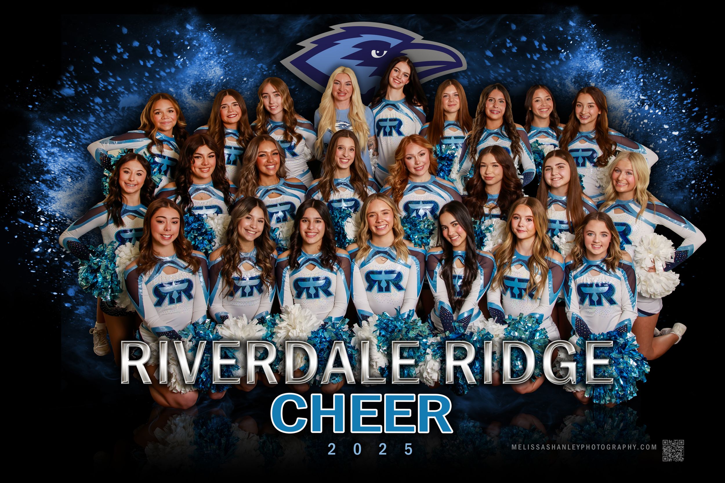 Group of cheerleaders in matching uniforms pose together on a glowing blue background for dark themed team photos.