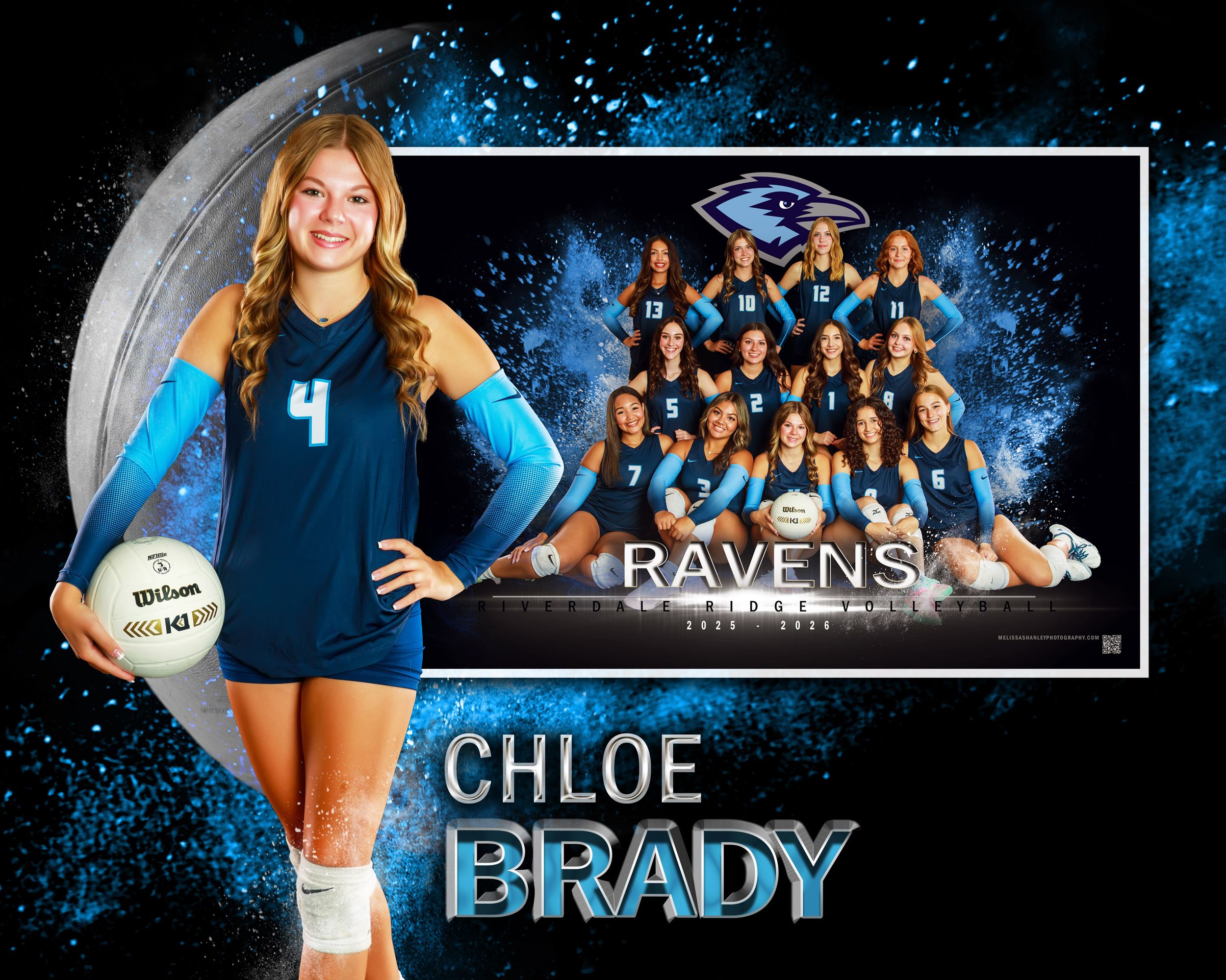A series of volleyball team photos and player portraits with blue sparkle effects and text overlays arranged in a banner.