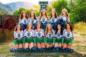 Panoramic social media banner collage showing cheerleaders in green uniforms posing outdoors with mountains and nature scenery.