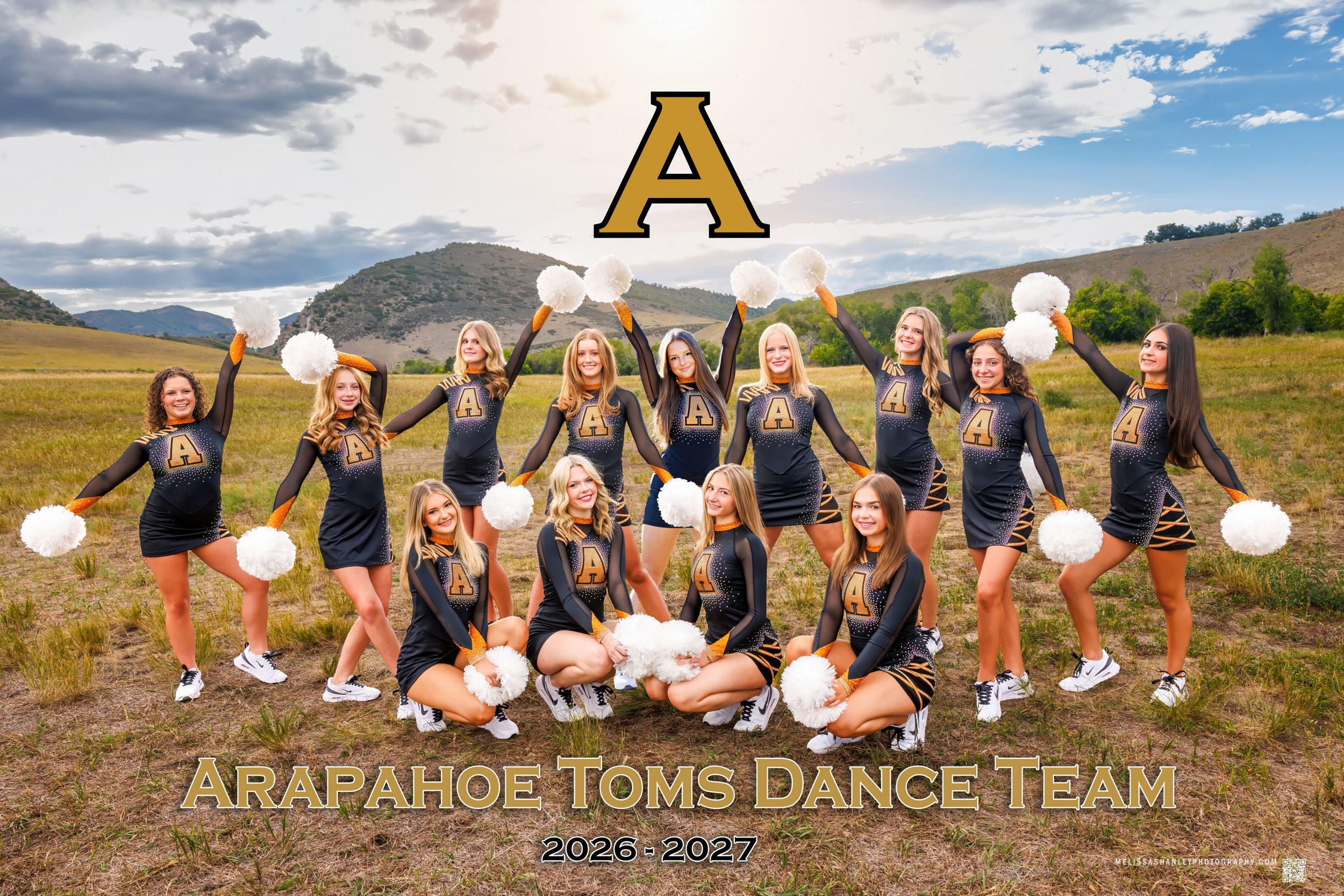 Arapahoe Toms Dance Team 2026-2027 group photo in matching uniforms holding pom-poms outdoors.