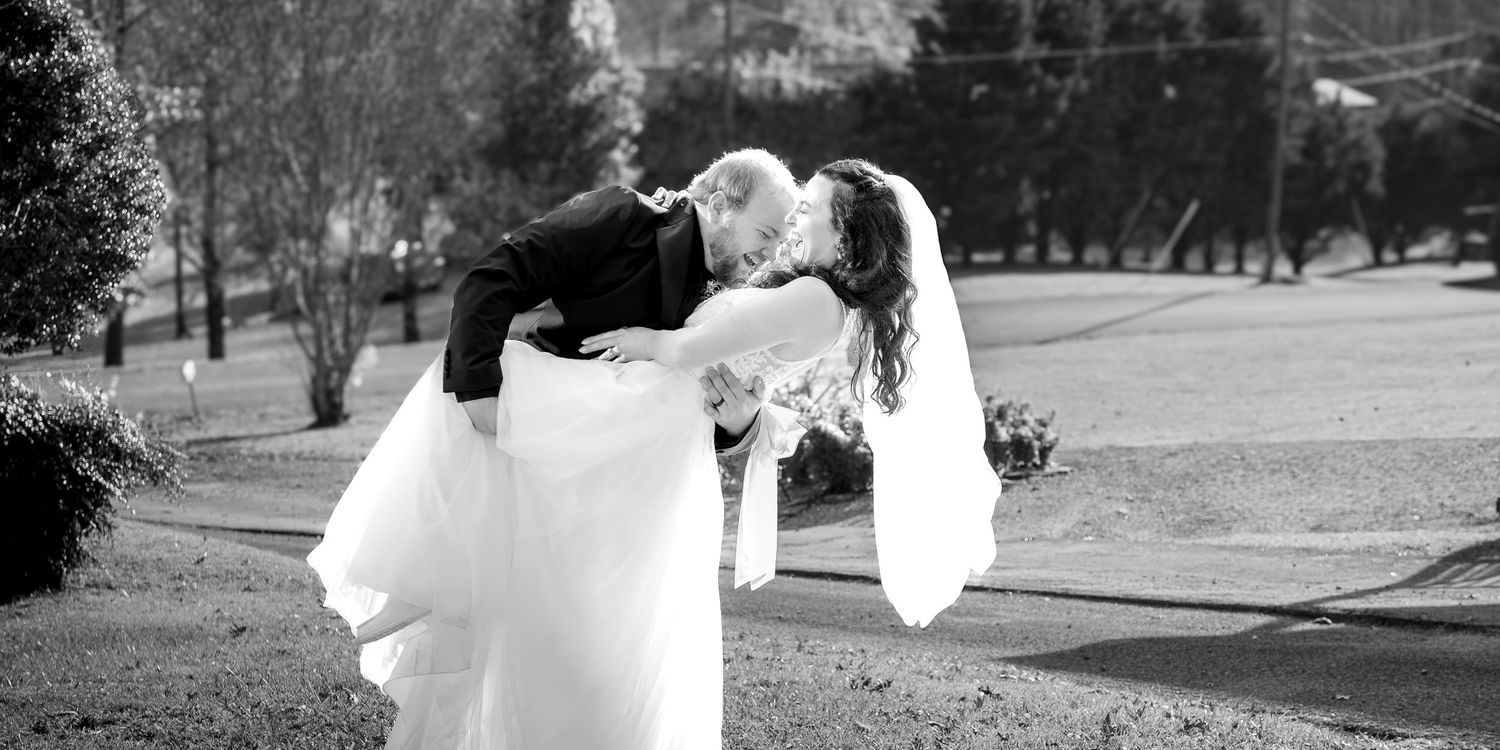 A black and white collage of romantic wedding photos showing couples embracing in outdoor garden settings.