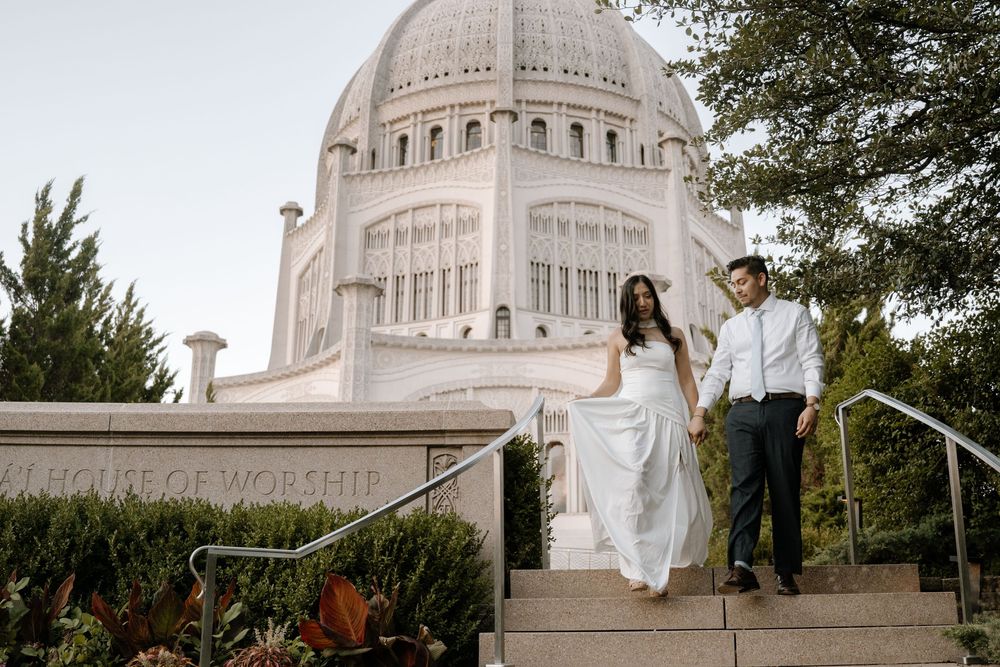 A couple stands in front of the Bahai Temple in Wilmette, Illinois, photographed in a creative multi-panel composition.