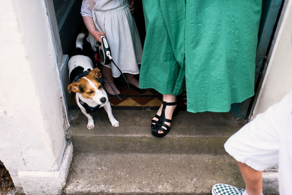 Wedding party poses for a group photo in front of white garage doors wearing green and white outfits.