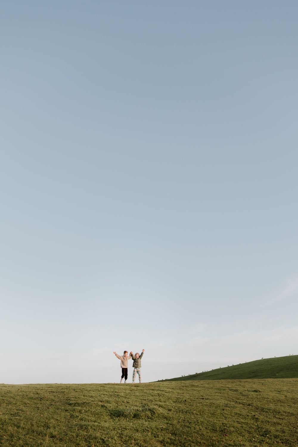 Two little boys celebrate at the top of a dewy green hill in The Barossa at Sunrise during their photoshoot with their family.