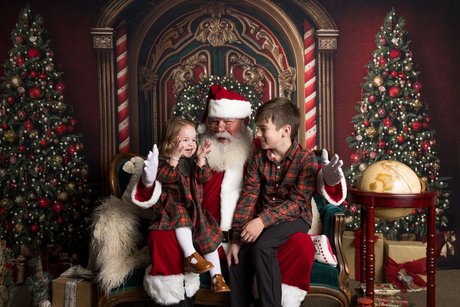 Cozy Christmas setting with wood bench, decorated trees, and wrapped presents in vintage style.
