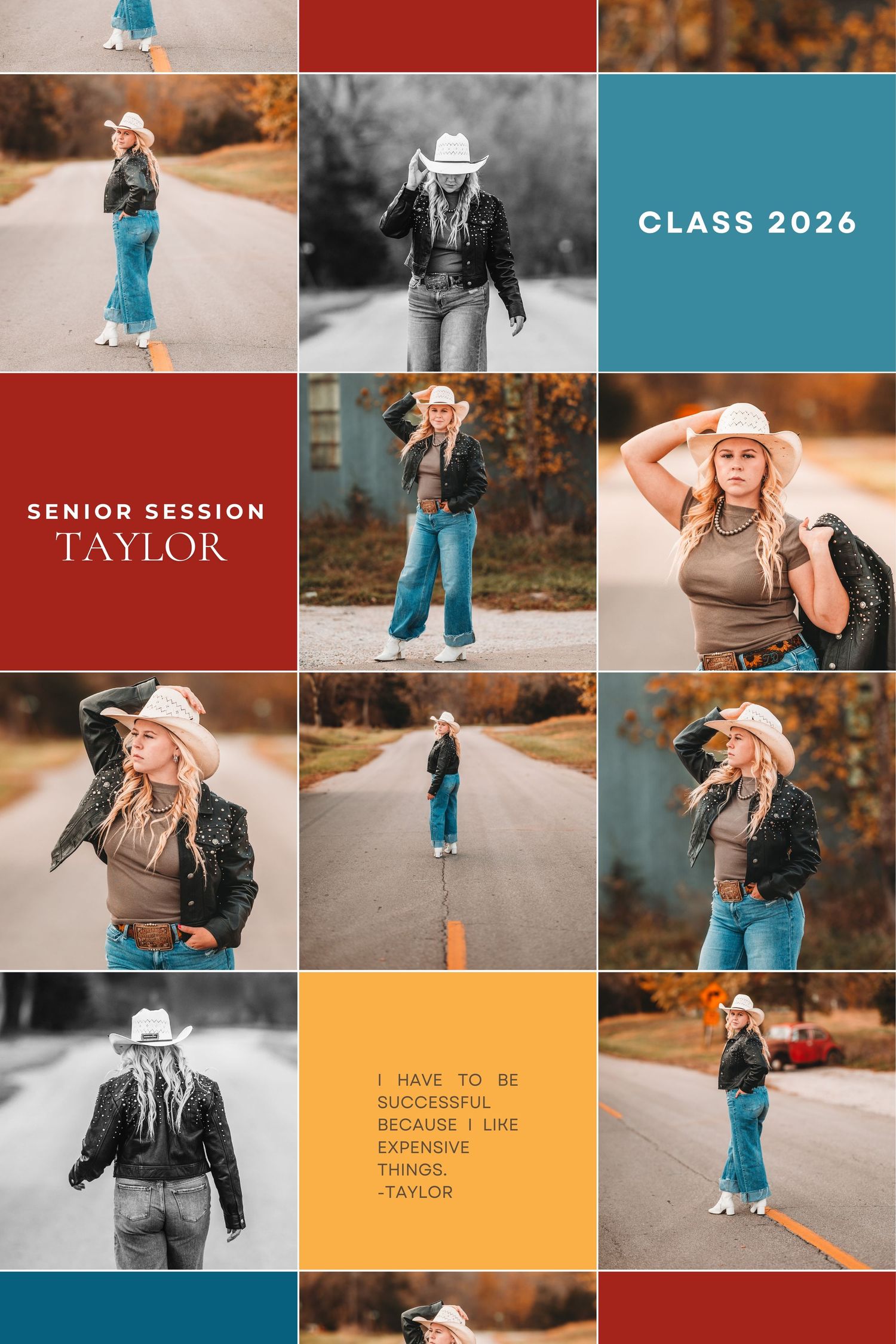 A creative senior photo collage featuring outdoor portraits in autumn colors with blue and orange tones throughout.