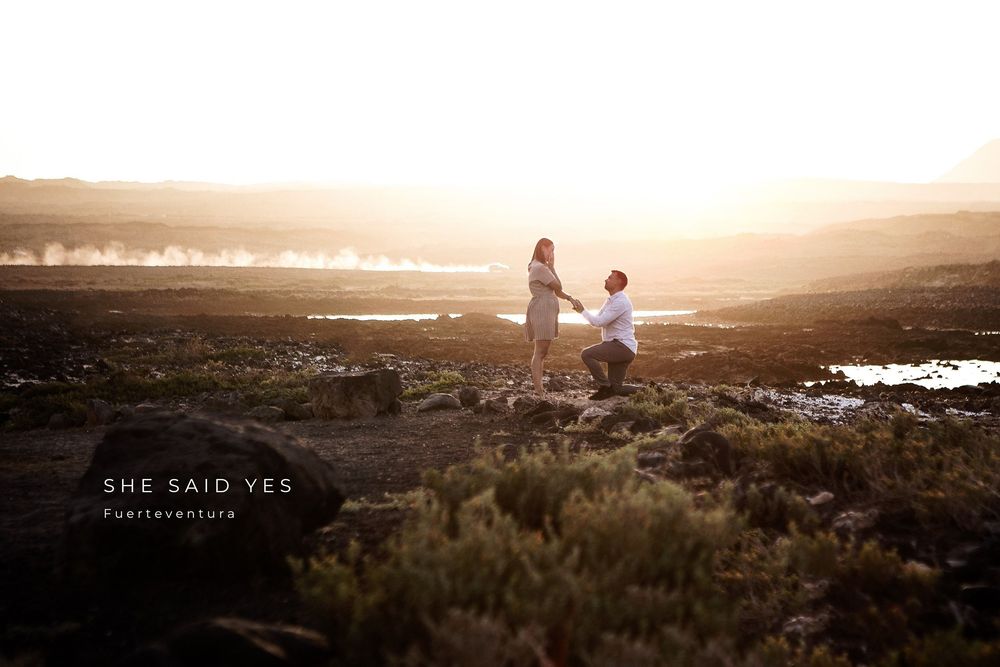 Emotional marriage proposal at sunset in the volcanic landscape - Engagement photographer in Fuerteventura