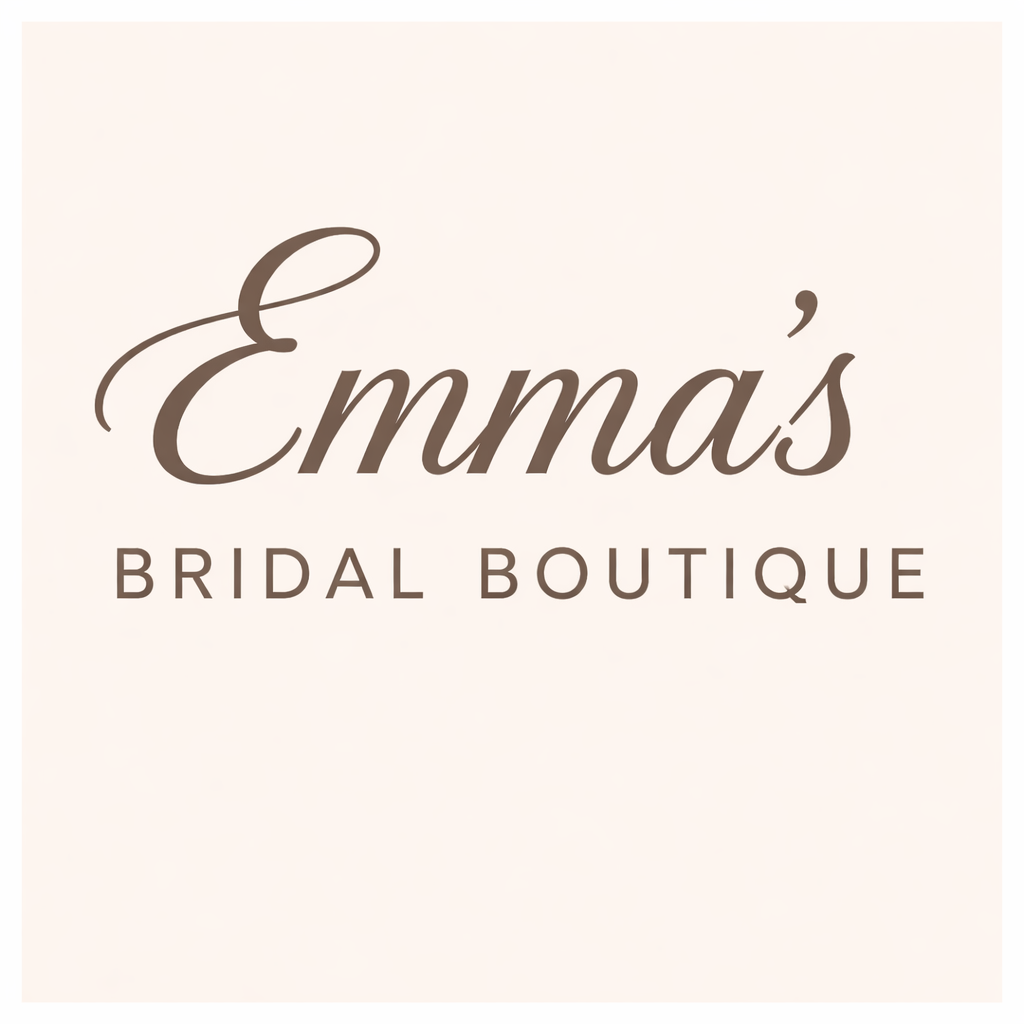 Elegant bridal boutique logo with Emma's text in classic script font on light pink background.