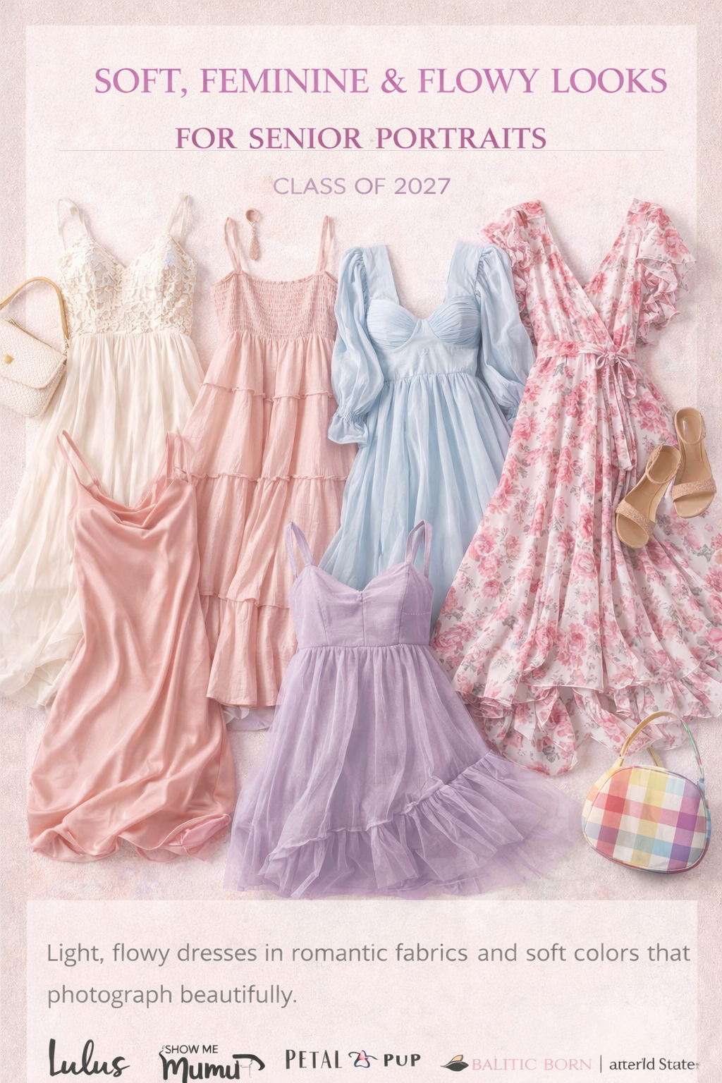Pastel pink, purple and blue flowy dresses and outfits displayed in a soft feminine photography style for senior portraits.