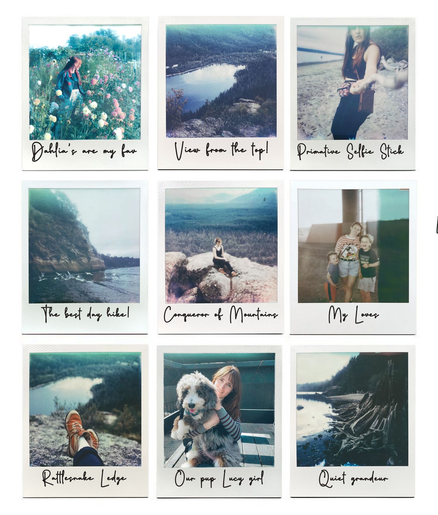 A collection of vintage polaroid-style photographs showing outdoor adventures and scenic mountain landscapes.