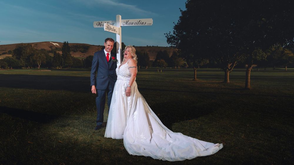 A series of wedding photos showing a couple in formal attire against scenic outdoor backgrounds at sunset.