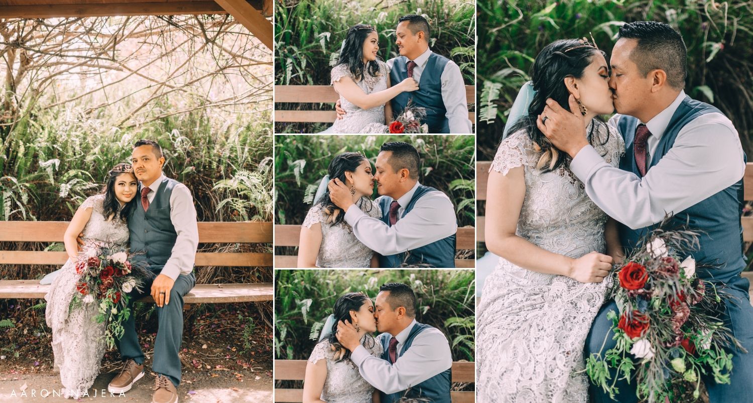 Intimate moments shared between couple on rustic wooden bench during wedding photoshoot.