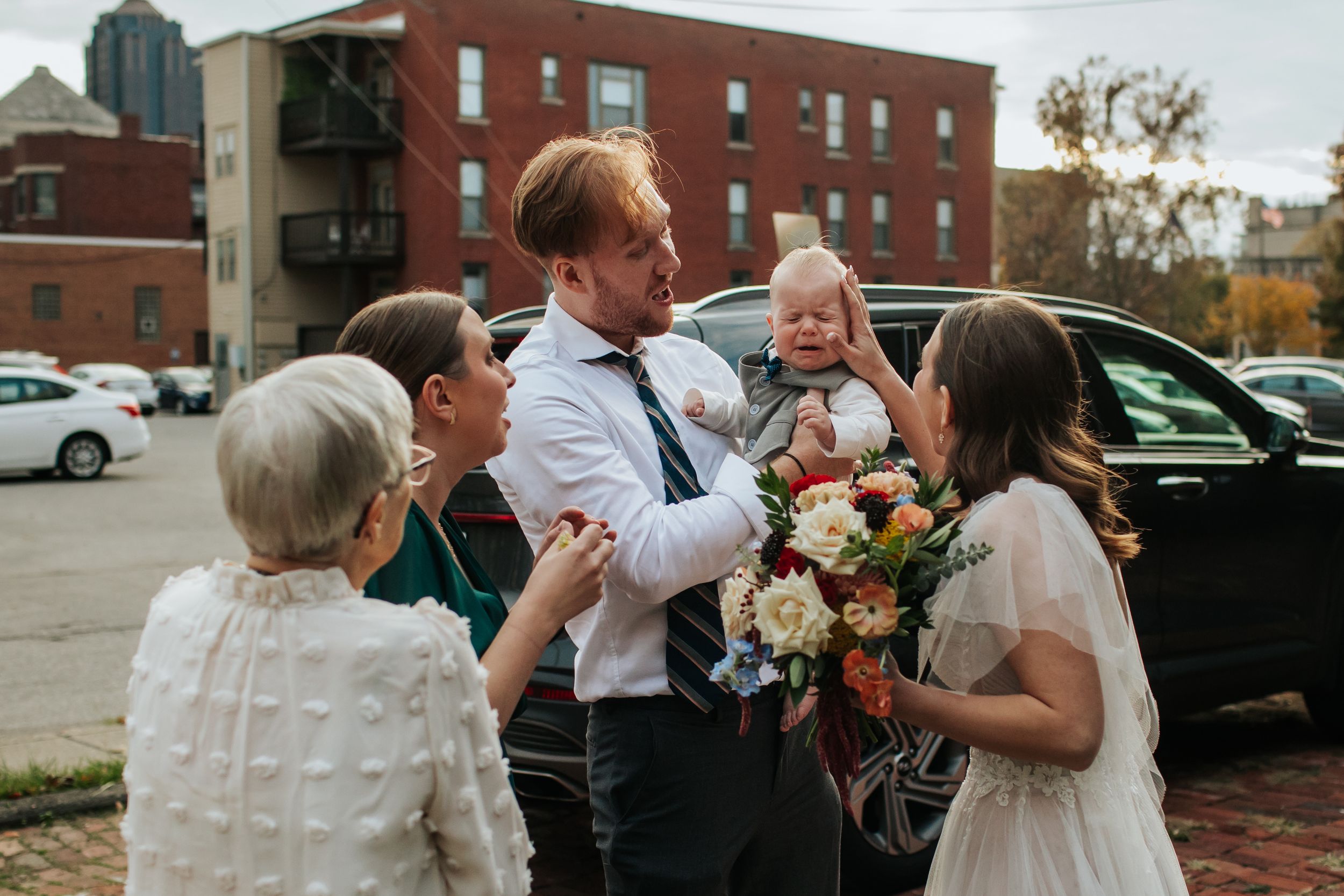 A wedding celebration sequence showing candid moments between guests and the couple during an outdoor autumn reception.