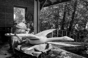 Black and white photograph showing a person resting in a hammock surrounded by trees and dappled sunlight.
