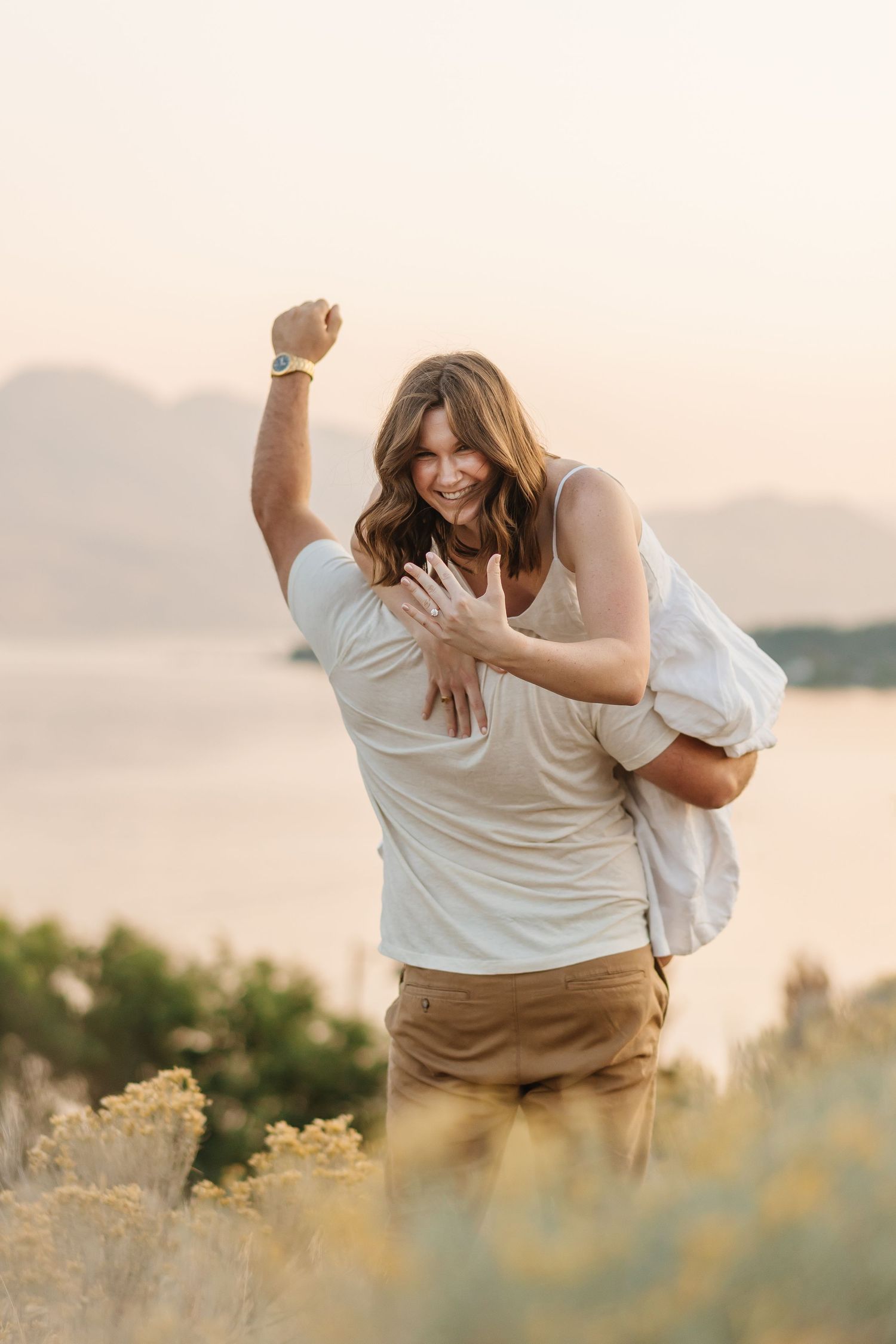 Engagement photos captured during a romantic photoshoot in soft evening light during sunset at Sanctuary Gardens in West Kelowna, bc.