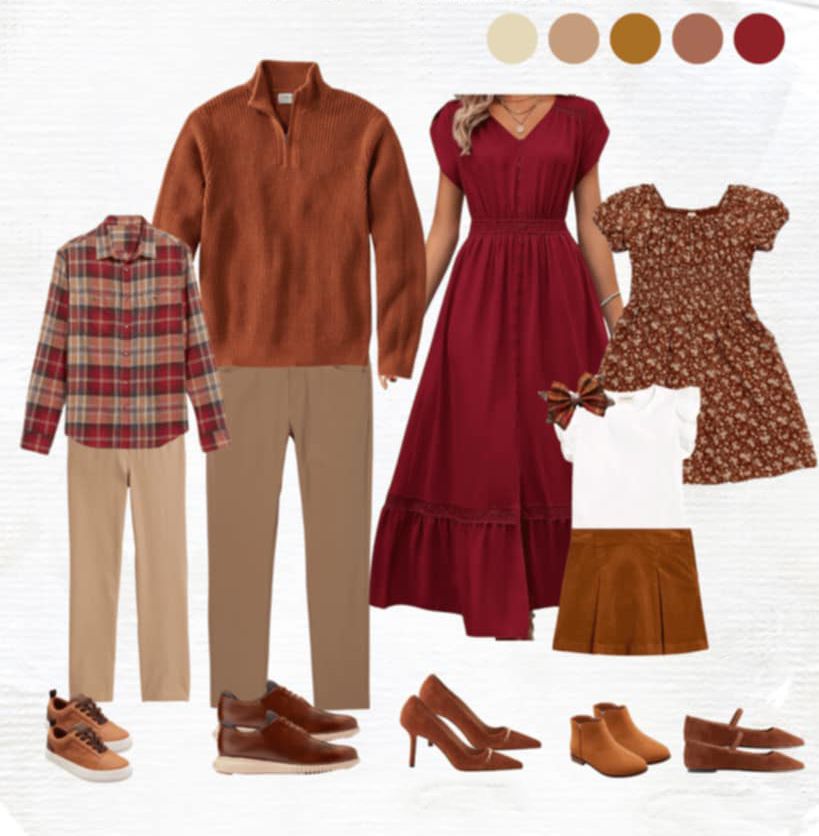 Family outfit coordination guide showing beige and blue clothing combinations for parents and children.