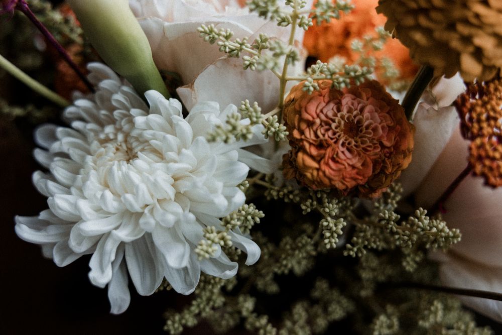 A delicate arrangement of white and orange flowers with pine cones creates an elegant autumn-inspired floral display.