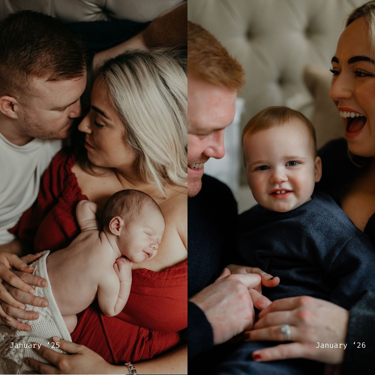 a before an after of a couple and their son from when he was a new born to one year old