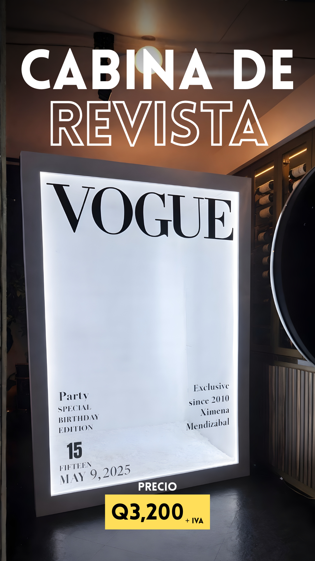 Cabina de revista Guatemala con iluminación premium y diseño editorial