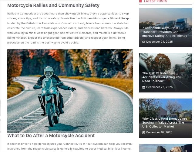 Blog layout featuring motorcycle safety articles and images with multiple columns of content.