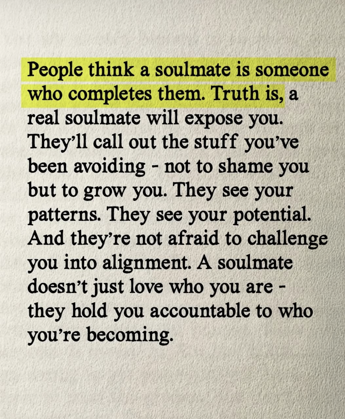 A text quote about soulmates printed in black on beige paper with a highlighted first sentence in yellow.