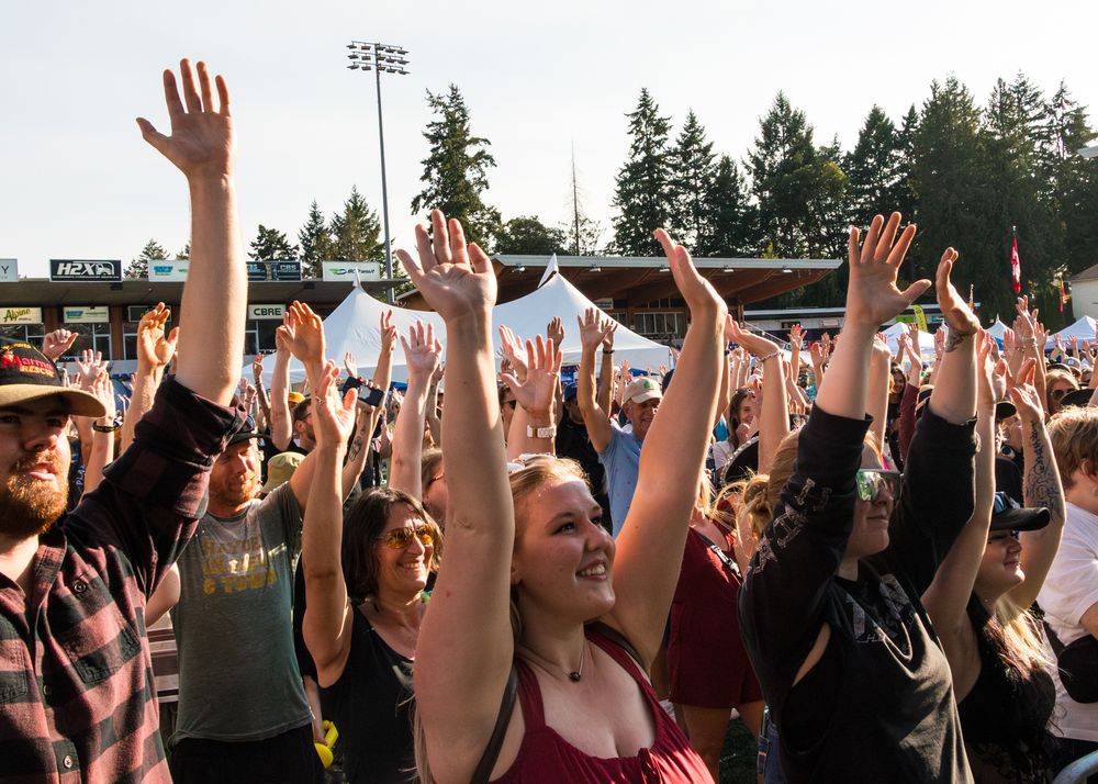 Concert crowd raises their hands in unison during an outdoor performance with stadium lights visible in background.