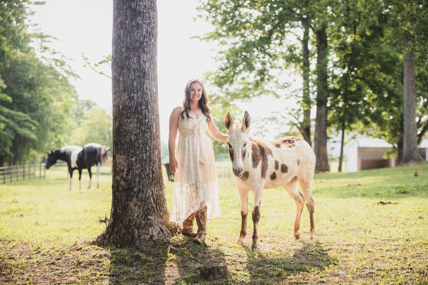 Young woman in lace dress standing beside spotted miniature donkey near a tree in sunny pasture.