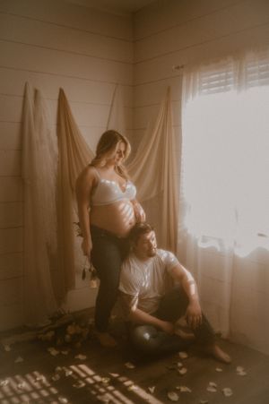 Ethereal boudoir photography series in sepia tones shows intimate moments by a sunlit window with flowing curtains.