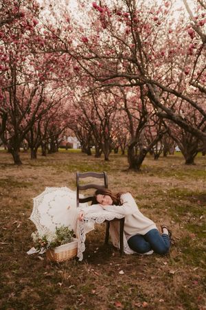 A white lace umbrella and basket rest beside a wooden chair under blooming cherry blossom trees in a spring orchard.