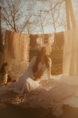 Dreamy golden hour photos with sunlit silhouettes and hanging crystal decorations creating a magical atmosphere.