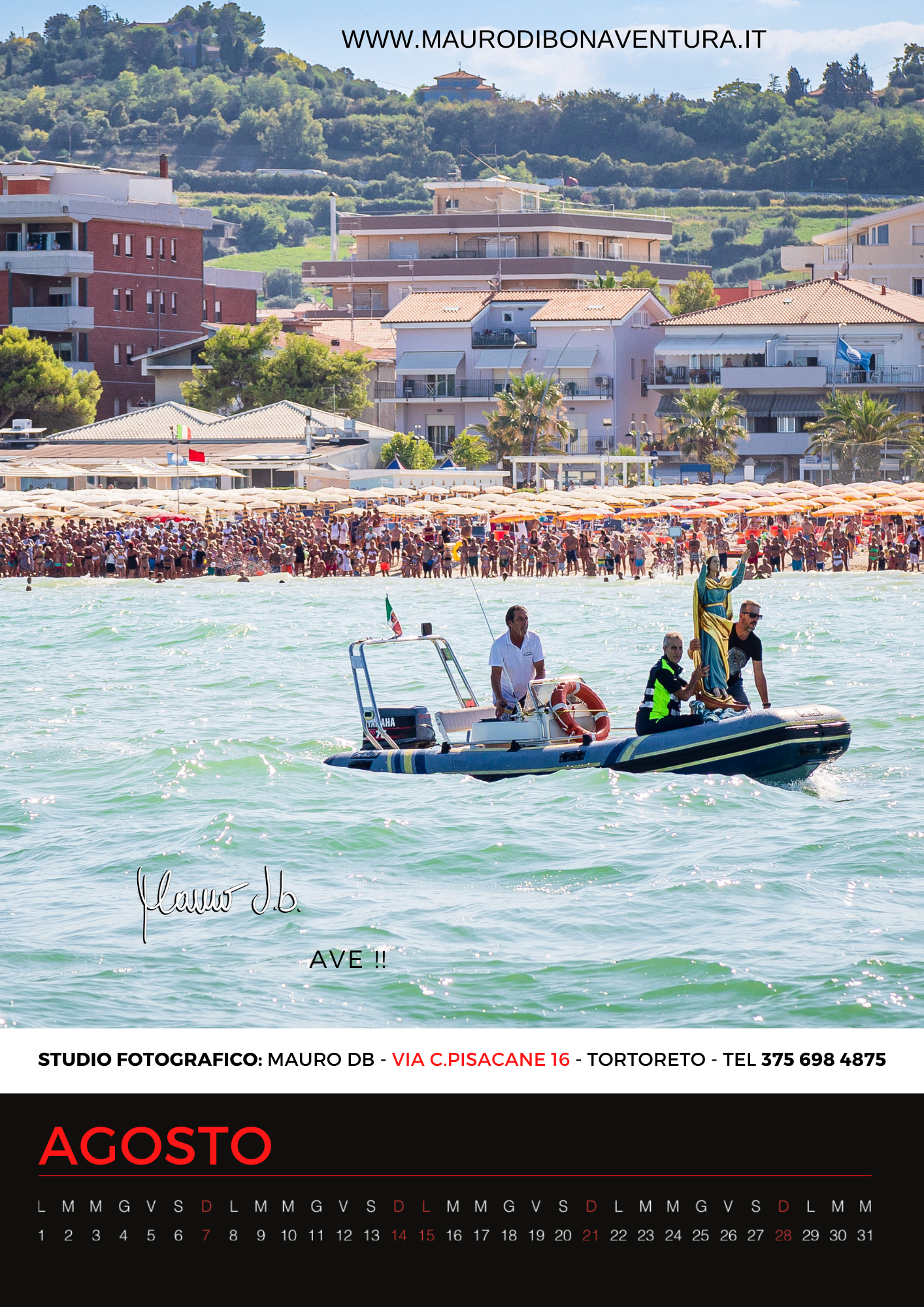 Crowded beach scene with patrol boat monitoring swimmers and beachgoers for August calendar.