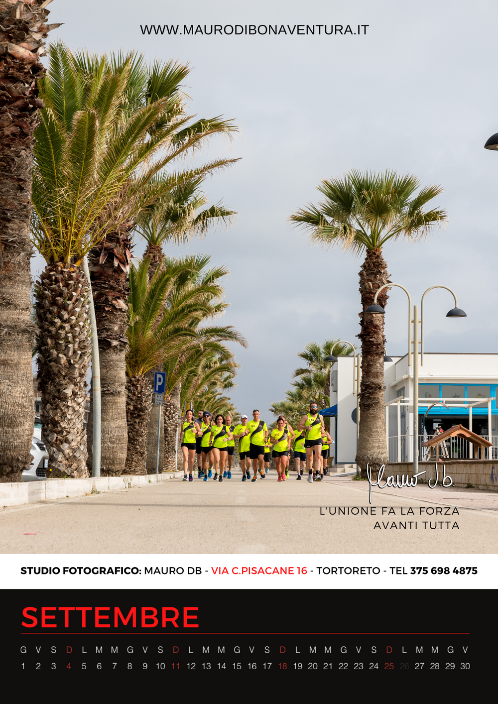 Group of runners in neon yellow shirts jog along palm tree-lined coastal promenade for September.